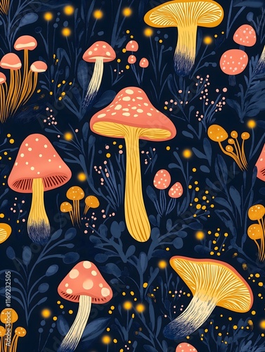 Fairy tale forest pattern with whimsical mushrooms, glowing fireflies