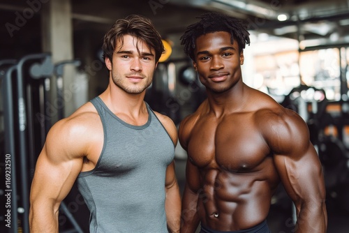 Athletes showcasing strength and muscular physique in a fitness gym environment