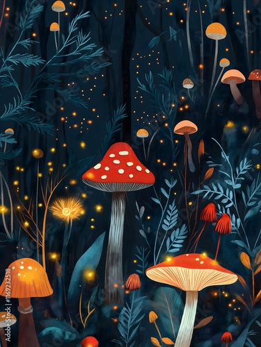 Fairy tale forest pattern with whimsical mushrooms, glowing fireflies
