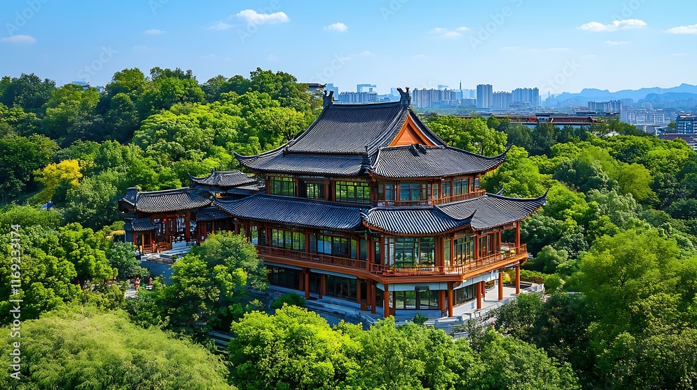 Panoramic View of Traditional Chinese Architecture Amidst Lush Greenery Panoramic View of Traditional Chinese Architecture Amidst Lush Greenery