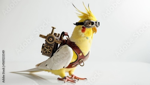 Steampunk bird adventure a cockatiel in a jetpack studio setting whimsical design photo