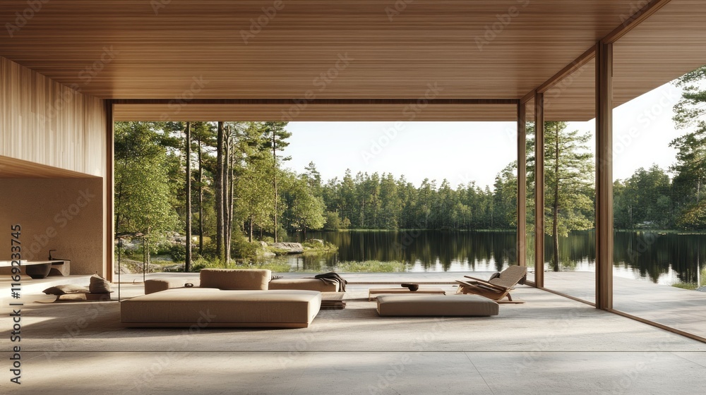 Fototapeta premium Modern living space with lake view and natural surroundings.