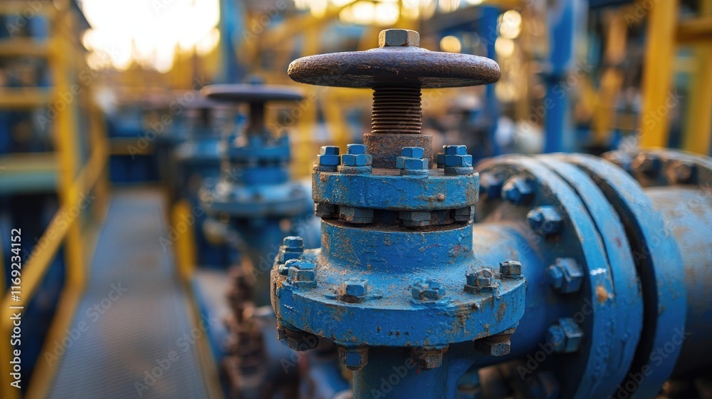 A close-up of steel pipelines with valves and electrical cables, situated in an industrial factory with walkways for technicians. A close-up of steel pipelines with valves and electrical cables, situated in an industrial factory with walkways for technicians.