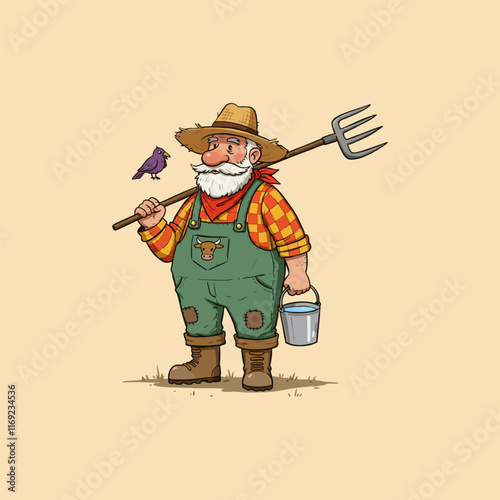 A cartoon illustration of an elderly farmer with a pitchfork and bucket of water, a bird is perched nearby.