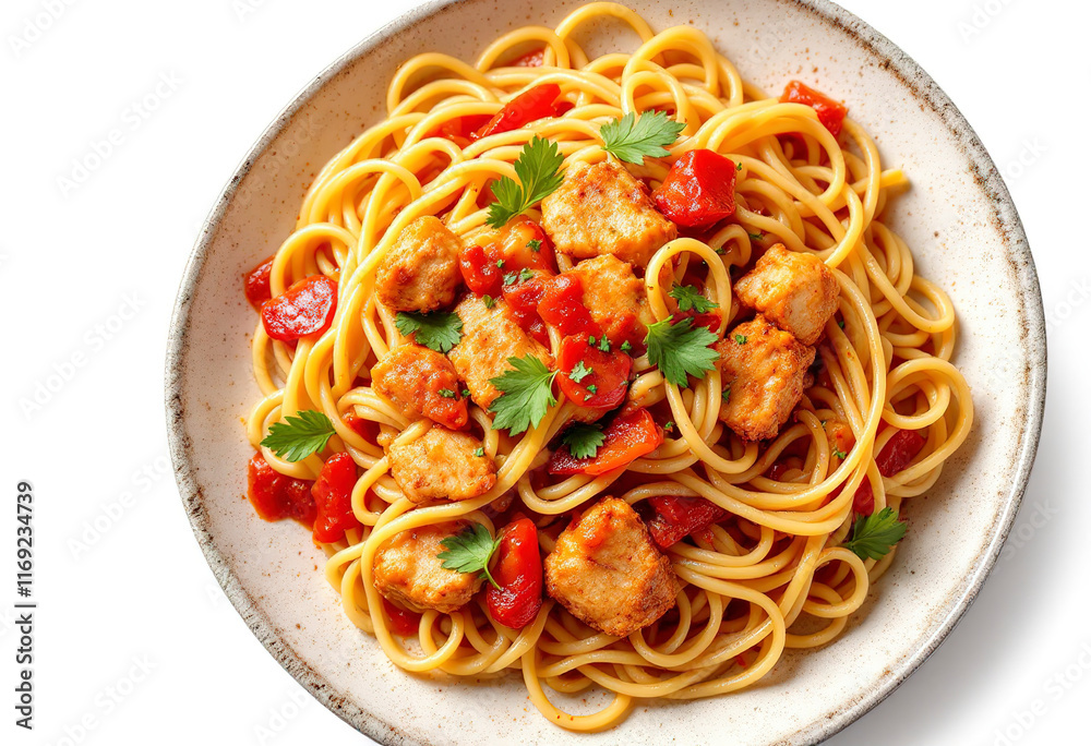 A photo of noodles with chunks of chicken, a red sauce, and vegetables isolated on white background A photo of noodles with chunks of chicken, a red sauce, and vegetables isolated on white background