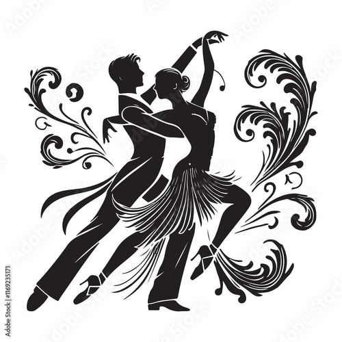 Ballroom Dance Silhouette Vector Illustration, Solid White Background.