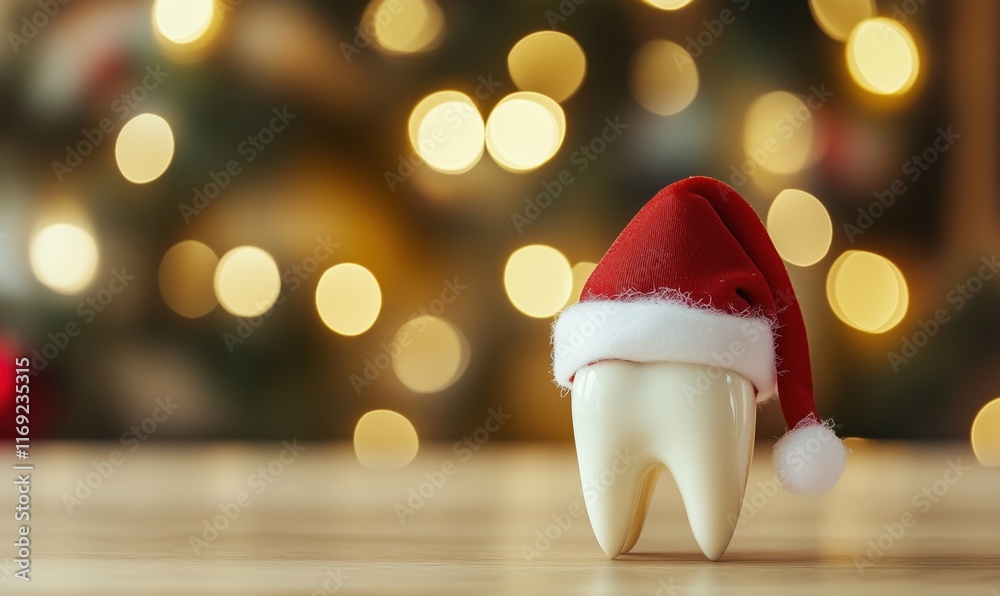 Fototapeta premium Tooth wearing Santa hat, festive holiday spirit, blurred Christmas lights background, dental theme, cheerful decoration
