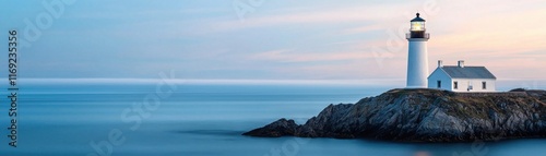 Wallpaper Mural A serene lighthouse stands on a rocky shore, surrounded by calm waters under a soft blue sky, evoking tranquility and coastal beauty. Torontodigital.ca