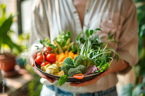 A woman is holding a plate full of vegetables