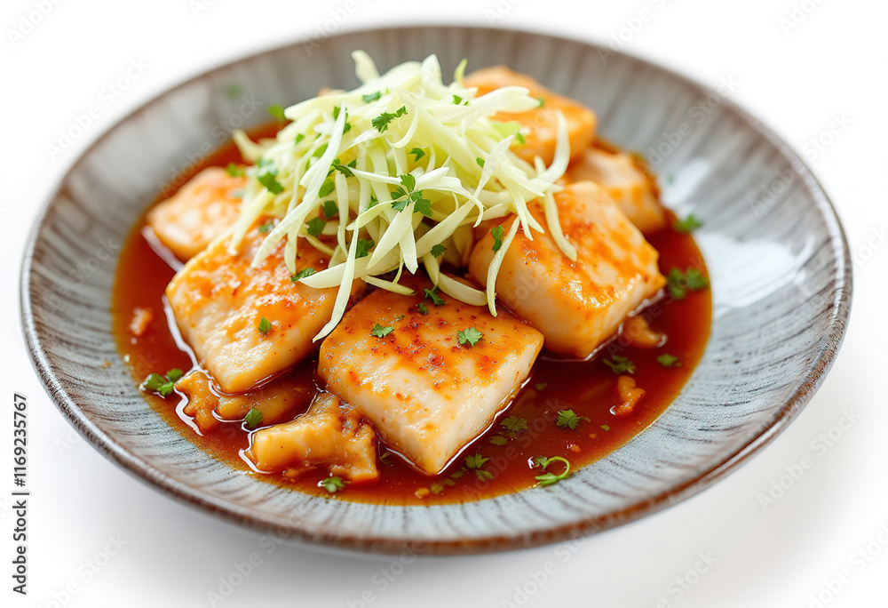 a plate with chunks of fish fillet in a sauce, topped with shredded cabbage isolated on white background a plate with chunks of fish fillet in a sauce, topped with shredded cabbage isolated on white background