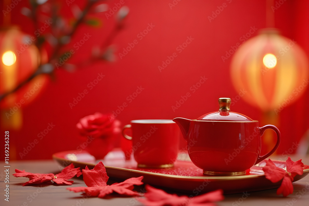 Fototapeta premium Chinese New Year featuring a beautiful bright red tea set with gold accents placed on a festive table with traditional decorations