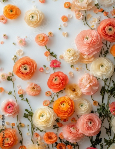 Vibrant ranunculus flowers arranged beautifully on a light background for creative decoration