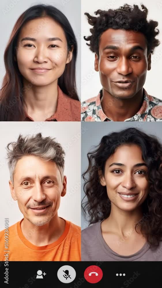 Four multiethnic people having a video call through phone