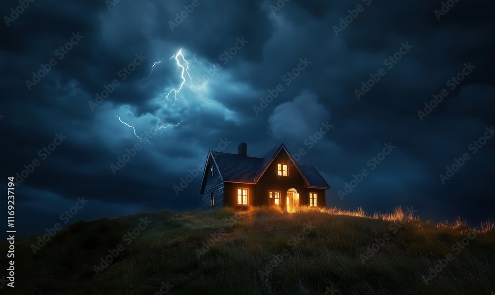 Mysterious house illuminated during thunderstorm, dramatic clouds and lightning, isolated on grassy hill, eerie atmosphere