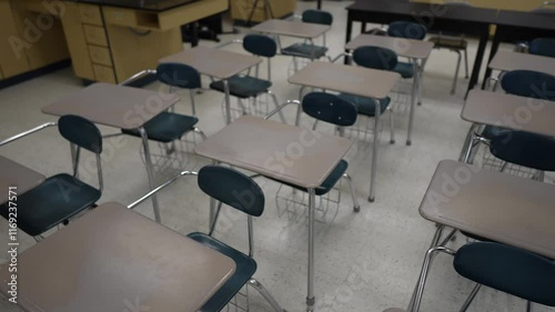 Desks arranged neatly in an empty classroom, highlighting a quiet space for education and learning. The room waits for students and teachers to begin their day. photo
