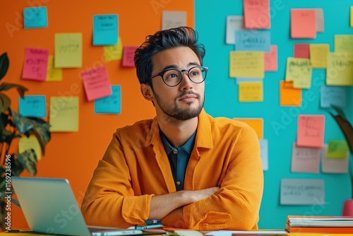 Remote content strategist focused on creative ideas in a vibrant workspace setting photo