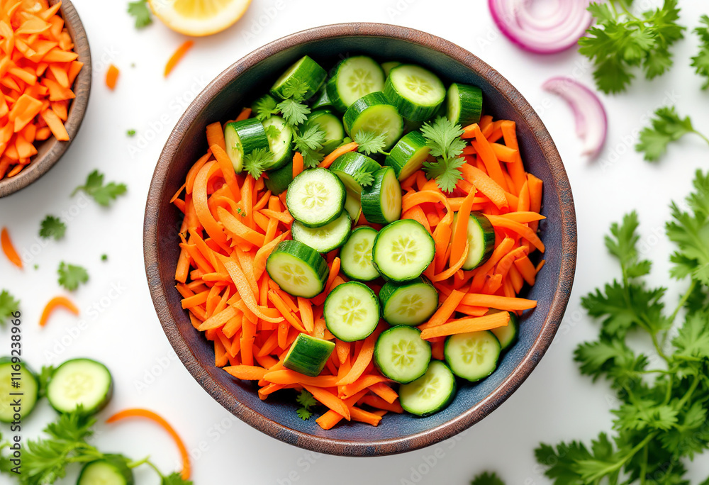 bowls contain sliced cucumbers, carrot slices, and thinly sliced red onions isolated on white background bowls contain sliced cucumbers, carrot slices, and thinly sliced red onions isolated on white background
