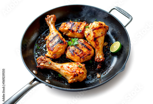 grilled chunks of chicken on a pan isolated on white background