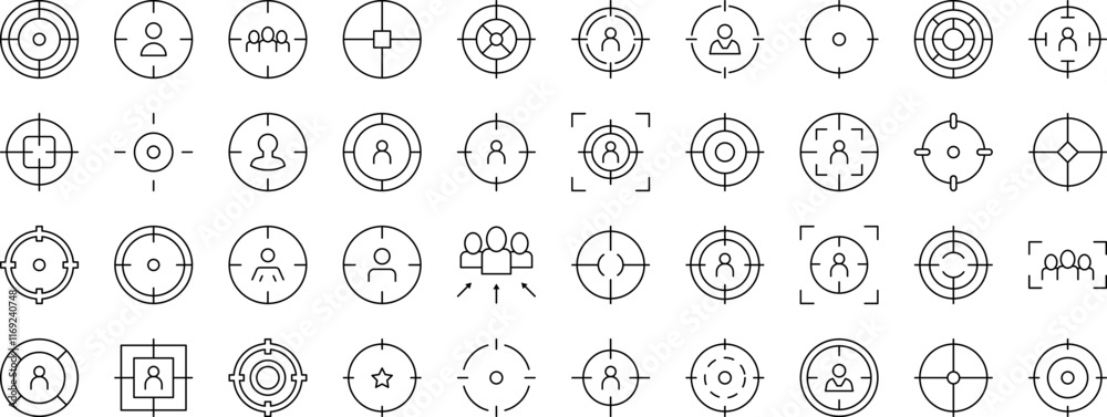 Aim Line Icon Collection. Target Outline Signs for Graphic and Web Design, Apps, Adverts, Various Cards Aim Line Icon Collection. Target Outline Signs for Graphic and Web Design, Apps, Adverts, Various Cards