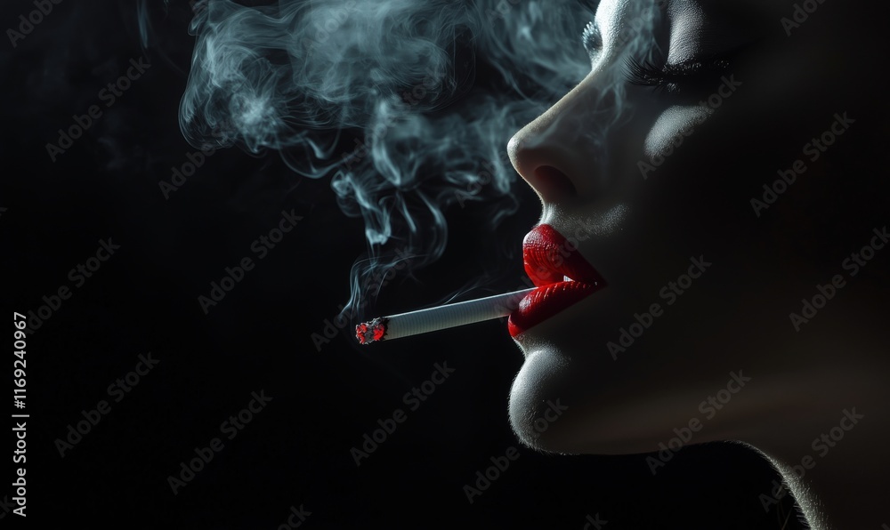 Fototapeta premium Smoking woman with red lips exhaling smoke in dramatic lighting, showcasing elegance and allure