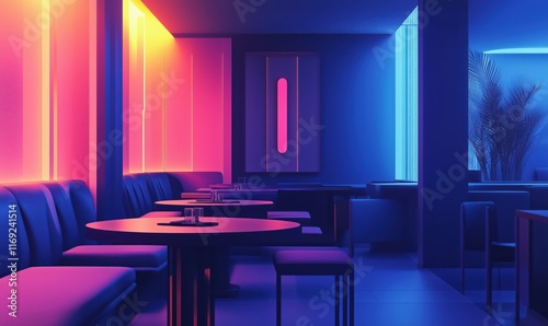 Vibrant Neon Lounge Interior with Colorful Lighting and Modern Furniture