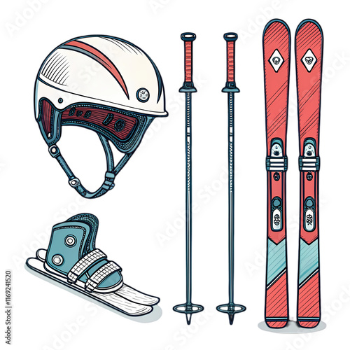 Colorful Cartoon Skiing Equipment Set for Winter Sports Design on transparent background photo