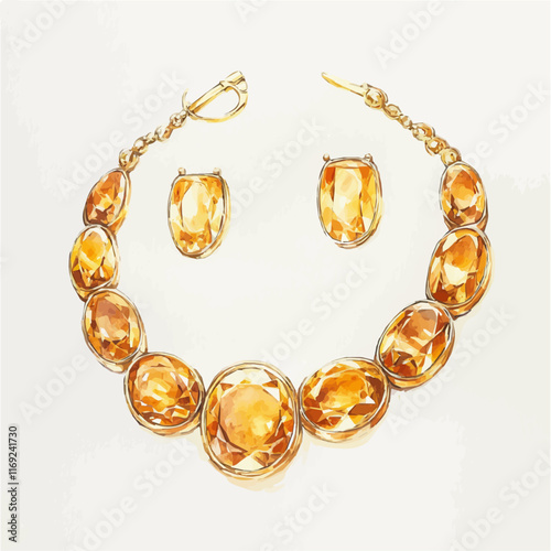 A watercolor vector painting of a timeless gold necklace and earrings set, isolated on a white background. Timeless gold jewelry set vector.

