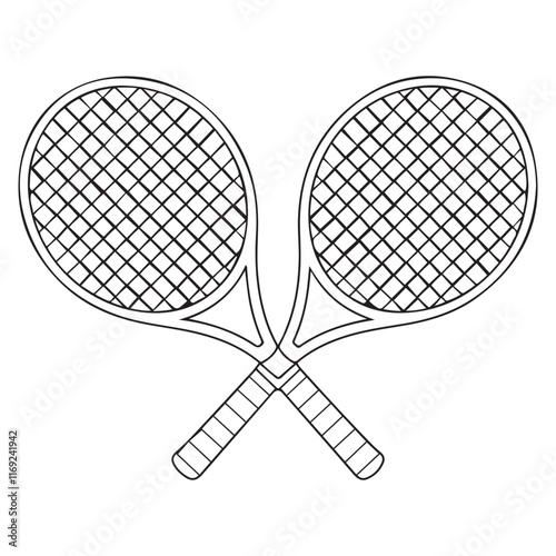 Illustration of crossed tennis rackets. Logotype for sports club or team logo. Lineart illustration with handles crossed. Tournament icon showing equipment. Line art drawing for coloring book or page.