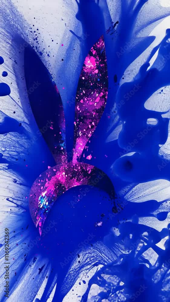 Artistic representation of a vibrant blue splash with a glittering pink silhouette of playful bunny ears