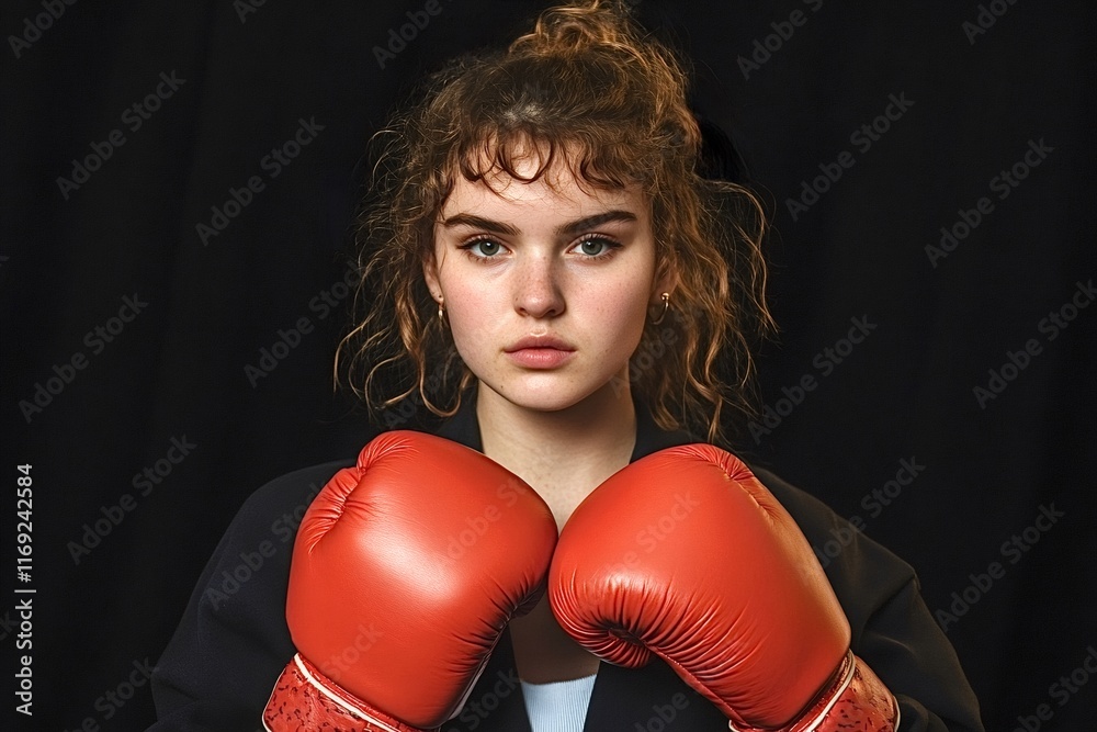 Studio portrait of a businesswoman wearing boxing gloves, conveying confidence, strength, and readiness to face challenges in the corporate world