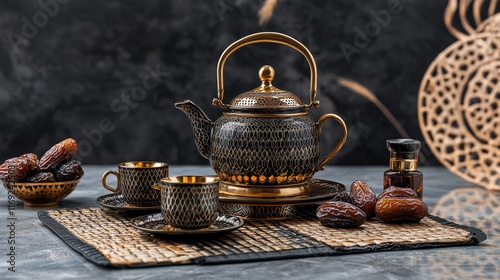 A beautifully arranged tea set with dates, showcasing a cultural tea-drinking tradition.