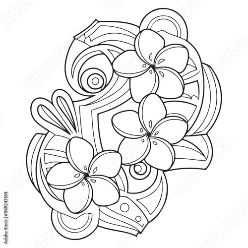 Maori style tattoo. Fish hook. Bone matau. Hei matau. Ethnic decorative oriental ornament with Frangipani Plumeria flowers. Coloring book page.