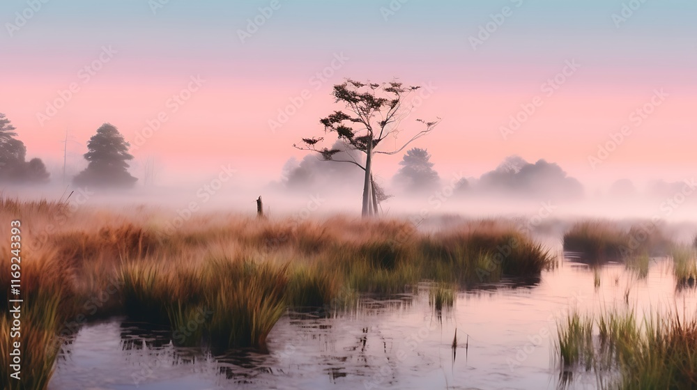 Serene Mist Shrouded Landscape With Solitary Tree Serene Mist Shrouded Landscape With Solitary Tree
