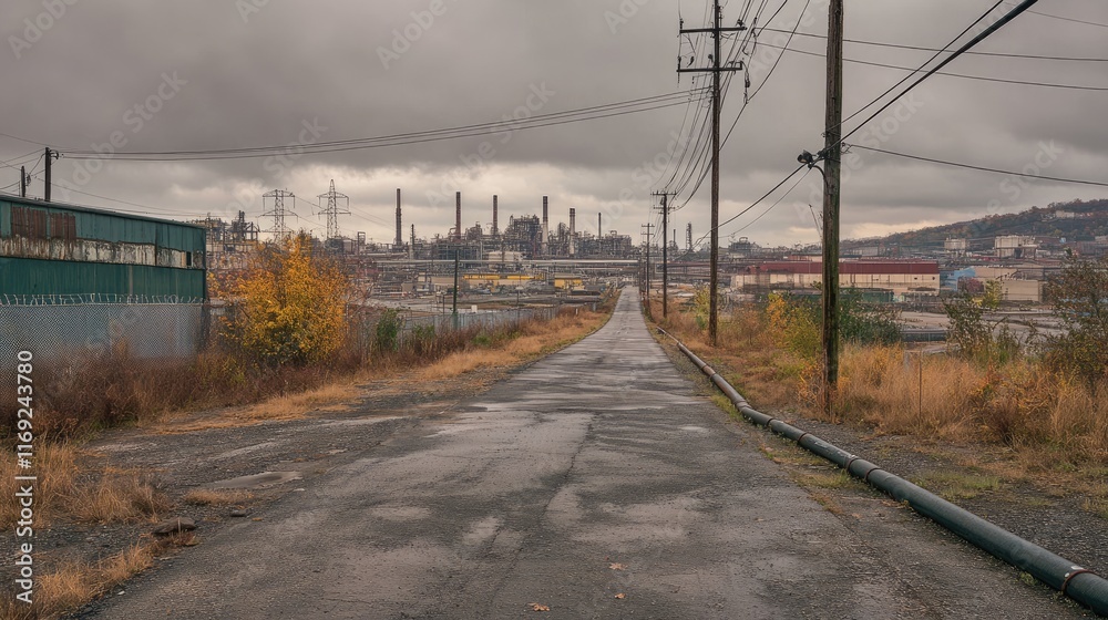 A gas pipeline runs along the edge of the photo, leading to a factory with an oil refinery in the distance, showcasing industrial infrastructure. A gas pipeline runs along the edge of the photo, leading to a factory with an oil refinery in the distance, showcasing industrial infrastructure.
