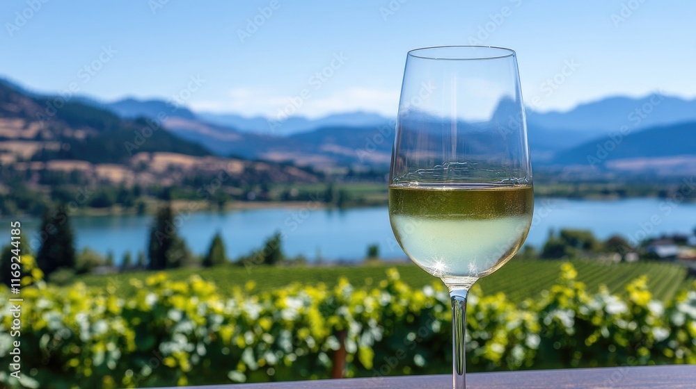 A glass of crisp white wine, placed elegantly with a backdrop of lush vineyards, evoking a serene and relaxing atmosphere. A glass of crisp white wine, placed elegantly with a backdrop of lush vineyards, evoking a serene and relaxing atmosphere.