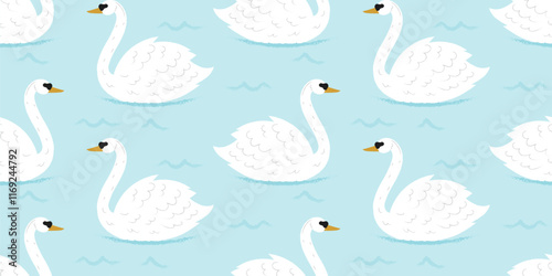 White swans in lake seamless vector pattern. Swan pattern with texture. Pretty swan in water