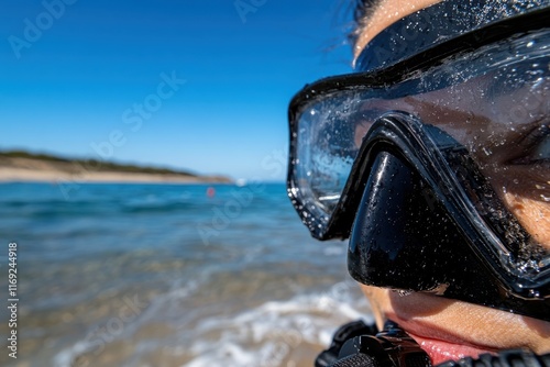 A close-up view of a snorkeling mask reveals clear water droplets, showcasing the beauty of the ocean and the adventures awaiting beneath the surface of the sea. photo