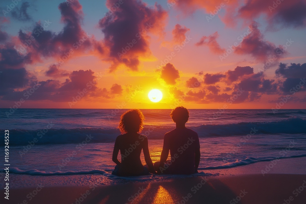 Couple enjoys a romantic sunset view on a serene beach by the ocean waves Couple enjoys a romantic sunset view on a serene beach by the ocean waves