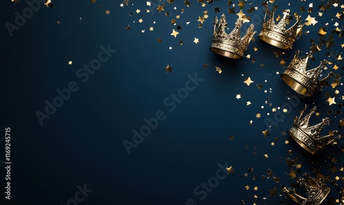 Golden crowns and star confetti on dark blue background, perfect for celebrations and royal themes photo