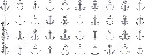 Ship Line Icon Bundle. Anchor Outline Signs for Graphic and Web Design, Apps, Adverts, Various Cards