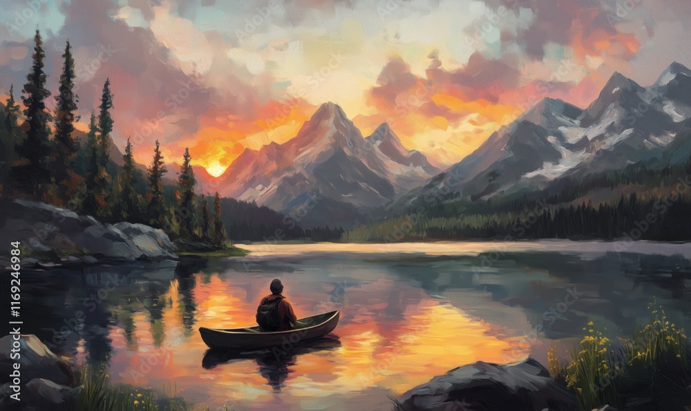 Serene sunset over tranquil lake with lone canoeist, majestic mountains in background, vibrant colors reflecting on water surface Serene sunset over tranquil lake with lone canoeist, majestic mountains in background, vibrant colors reflecting on water surface
