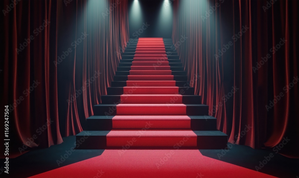 Fototapeta premium Red carpet staircase leading to spotlight, elegant venue with dramatic curtains, inviting atmosphere for events or ceremonies