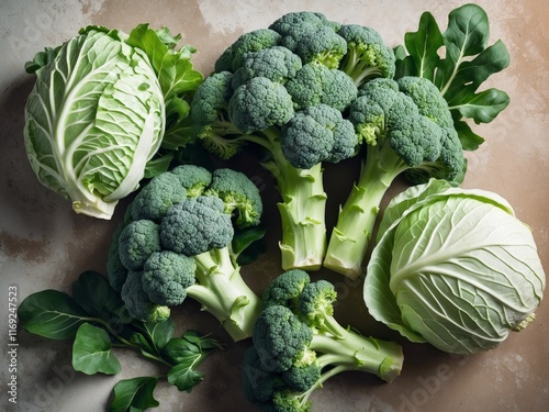 Fresh organic broccoli and cabbage on textured background for healthy lifestyle and nutrition concept. photo