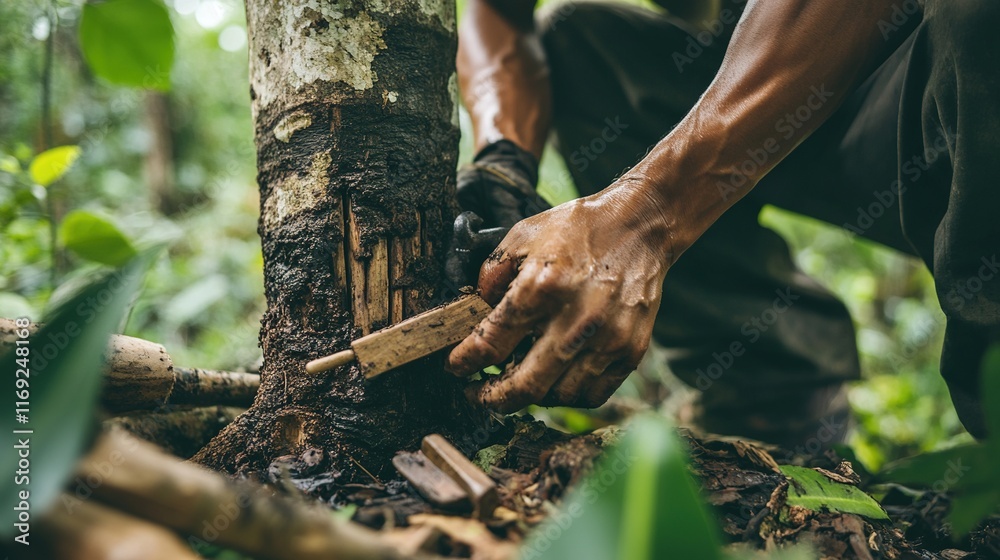 Person extracting resin from a tree in a forest. Person extracting resin from a tree in a forest.