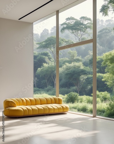 Cozy modern living room with an inviting yellow sofa and nature views in a tranquil setting photo