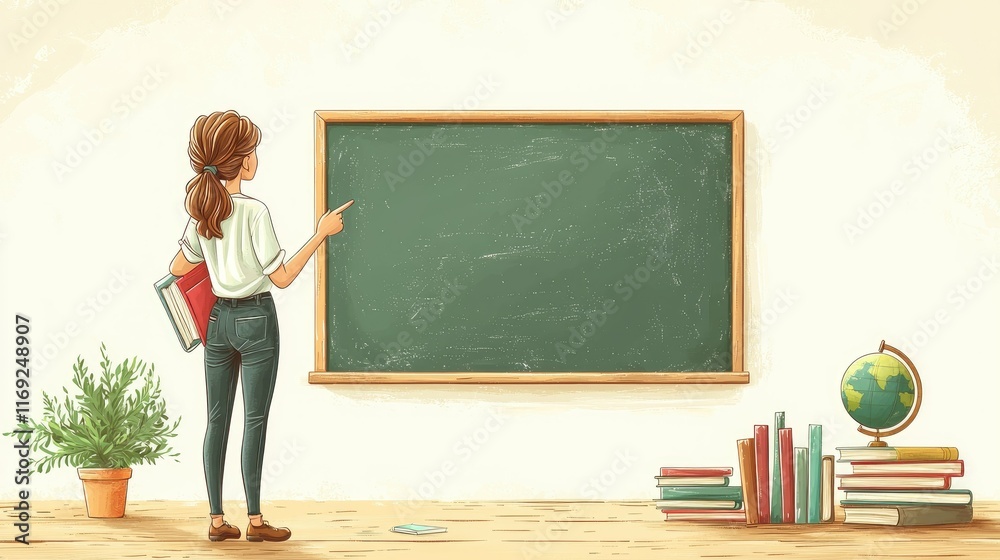 Woman teacher pointing at blank blackboard in classroom. Woman teacher pointing at blank blackboard in classroom.
