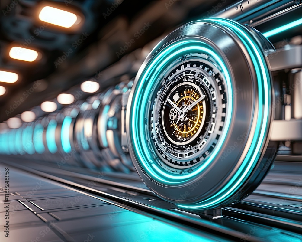 Obraz premium Modern Technologies in Precision Watch Manufacturing, a neon light photography view of automated watch assembly lines glowing with cool blue and silver neon accents in a futuristic factory