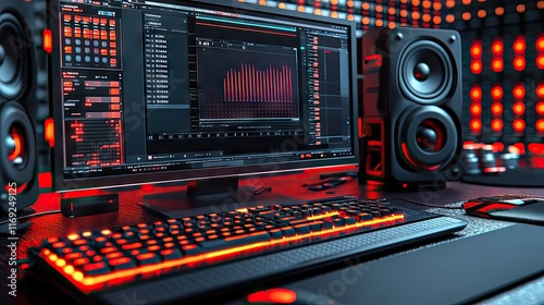 A high-tech computer setup ideal for music production or gaming. Features a powerful workstation with advanced audio software, studio monitors, and a red backlit keyboard. photo