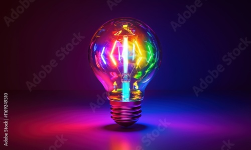 Colorful neon light bulb glowing with vibrant hues of pink, blue, green, and yellow against a dark background, showcasing modern design and artistic illumination