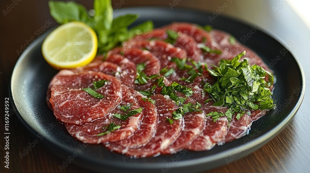Sliced meat arranged with herbs and lemon on a plate. Sliced meat arranged with herbs and lemon on a plate.